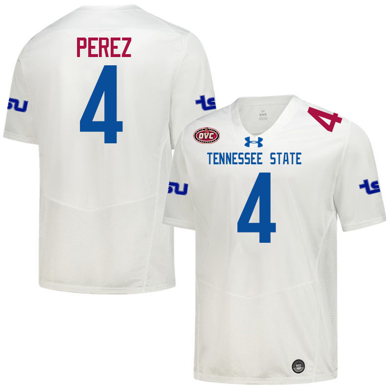 Tennessee State Tigers #4 Freddy Perez College Football Jerseys,Uniforms-White